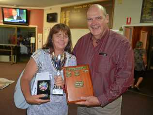 LAST YEAR'S WINNER: Condamine Sports Club Volunteer of the Year Kerri Fitch for 2017 with sports club president Ross Bell at the sports awards. Picture: Gerard Walsh