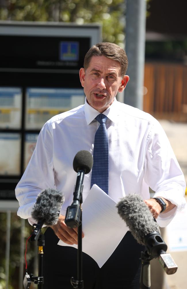 Treasurer Cameron Dick at the flood recovery press conference on Monday where he defended his travel to Dubai. Picture: NCA NewsWire/Sarah Marshall