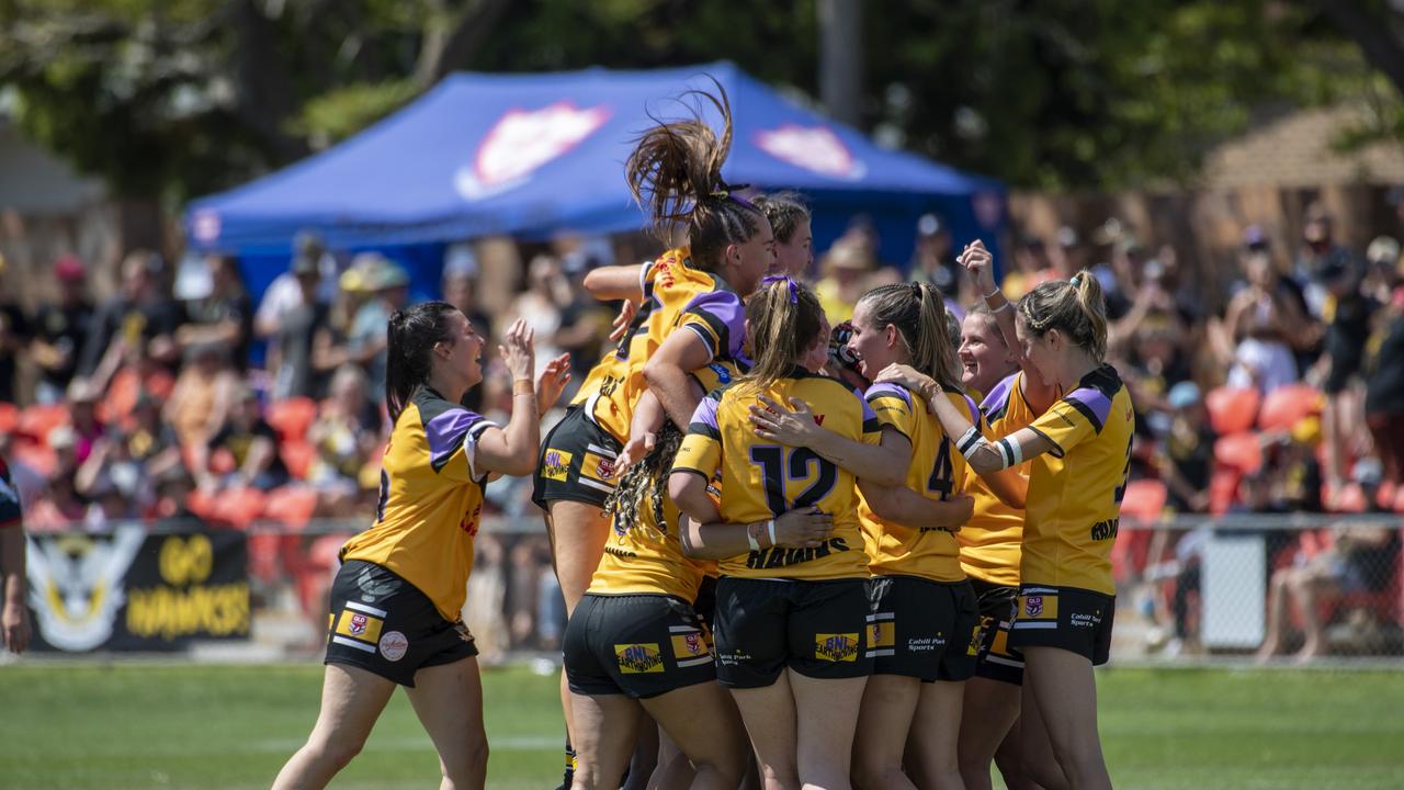 Gatton celebrate winning the 2021 women's’ grand final. Picture: Nev Madsen.