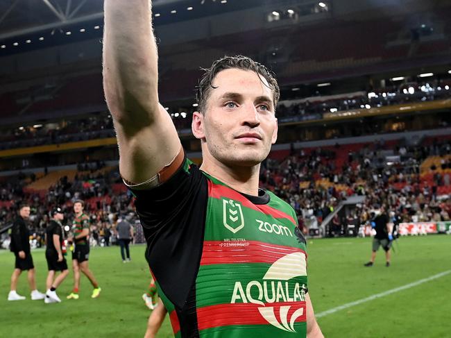 BRISBANE, AUSTRALIA - SEPTEMBER 24:  Cameron Murray of the Rabbitohs thanks the crowd after winning the NRL Preliminary Final match between the South Sydney Rabbitohs and the Manly Sea Eagles at Suncorp Stadium on September 24, 2021 in Brisbane, Australia. (Photo by Bradley Kanaris/Getty Images)