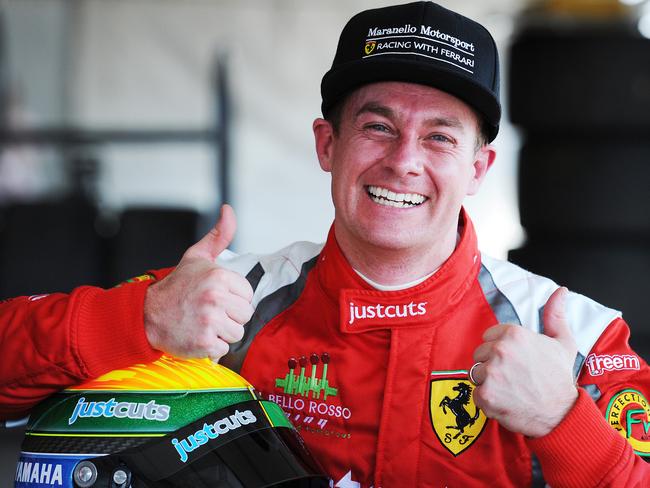 Denyer loves car racing. Here he’s all smiles after finishing his first race in five years in the Australian GT Series in Townsville in which he came second. Picture: Zak Simmonds