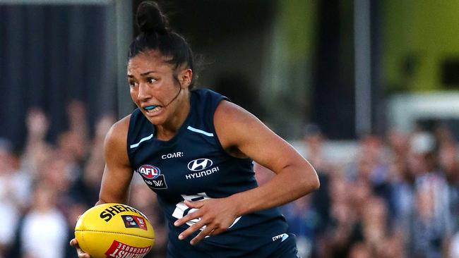 Carlton star Darcy Vescio booted four goals against Collingwood in last year’s AFLW opener. Picture: George Salpigtidis