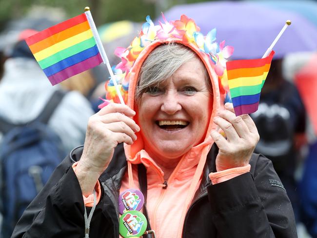 Adelaide: Delwyn Cox celebrates the yes vote at the Same Sex Marriage vote results announcement in Hindmarsh Square in the city. Picture: Calum Robertson