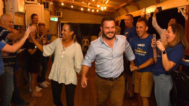 BEST PHOTOGRAPHS 2022. Evan Morgan. Federal Election in Townsville. Herbert MP Phil Thomson with partner Jenna at their after-election party at the Commonwealth Hotel. Picture: Evan Morgan