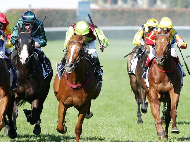 Kerrin McEvoy combines with Bon Aurum (centre) as they charge to victory in the Caulfield Guineas Prelude.