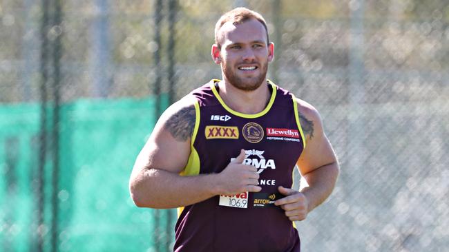 Matt Lodge during pre-season training with the Broncos. Picture: Annette Dew