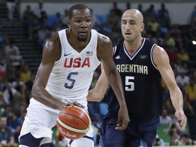 United States' Kevin Durant, left, drives around Argentina's Manu Ginobili.