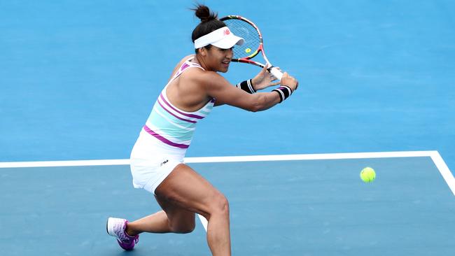 Heather Watson of Great Britain plays a shot during her singles match against Isabelle Wallace of Australia during day two of the 2019 Hobart International at Domain Tennis Centre. Picture: ROBERT CIANFLONE/GETTY IMAGES