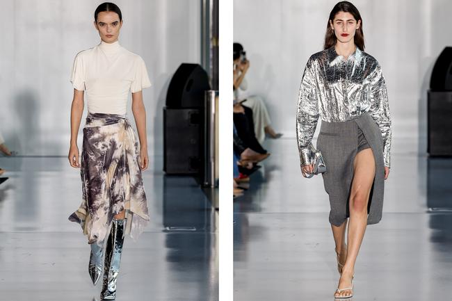 Bec + Bridge resort 2025. Image credits: IndigitalThen, at Bec + Bridge, the edgier illusion of silverware and glassy foil. The perfect example of how metallics can exist as an embellishment or as the focal sartorial point, the use of the bright material varied on Bec Cooper and Bridge Yorston’s runway. From pointed knee-high boots, to a mini purse, to a button-up shirt, shining silver was the main character. As decorative bra-like cups on a blouse, and the waistline of a pair of trousers, a playful spot or sliver.