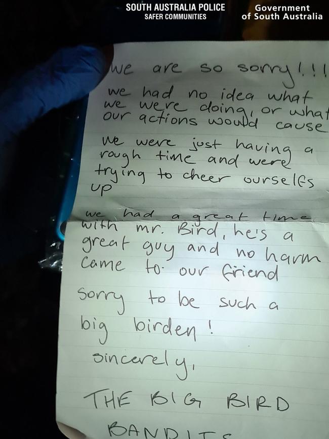 Supplied Editorial Apology letter from "The Big Bird Bandits". Picture: SA Police