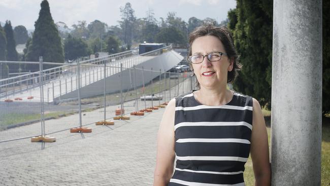 Acting Lord Mayor Helen Burnet next to the soon-to-be-completed Bridge of Remembrance at the Cenotaph. Picture: MATHEW FARRELL