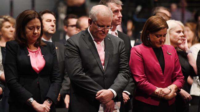 Queensland Premier Annastacia Palaszczuk, left, Prime Minister Scott Morrison and Queensland Opposition Leader Deb Frecklington at the service. Picture: AAP