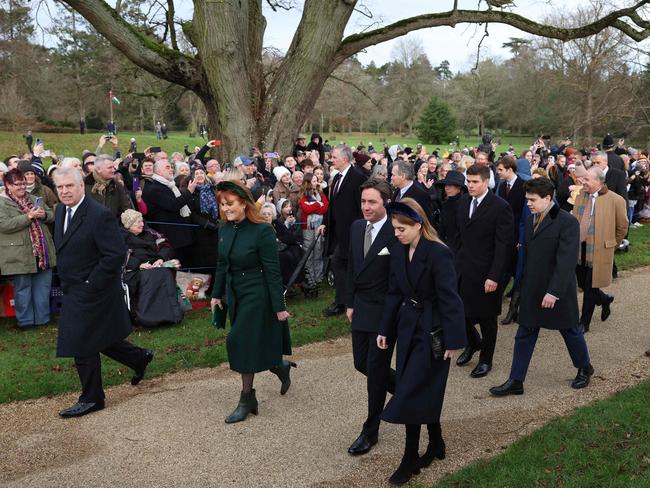 Prince Andrew, Duke of York (L), Sarah, Duchess of York (2L) Edoardo Mapelli Mozzi (3L) and Britain's Princess Beatrice of York (4L) arrive for the Royal Family's traditional Christmas Day service at St Mary Magdalene Church in Sandringham. Picture: AFP