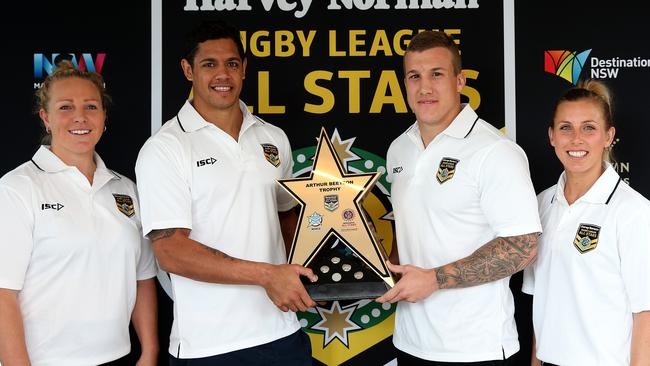 All Stars Rebecca Young, Dane Gagai, Trent Hodkinson and Sam Bremner at the announcement that the Rugby League All Stars will be played in Newcastle for the first time next February. Picture by Peter Lorimer.