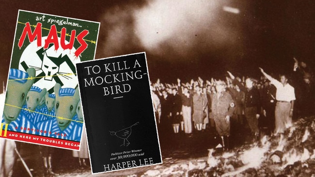 Among the books banned by US school boards are Maus and To Kill a Mockingbird, as cancel culture for some is likened to the Nazi book burnings of 1933 (background). Pictures: Supplied