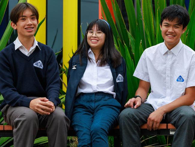 Daily Telegraph. 29, November, 2024.Bryton Lam, 14, Jessica Ly, 14, and Khaly Khun, 14, at Canley Vale High School, today, which is among the most consistent high performers in this year's NAPLAN.Picture: Justin Lloyd.