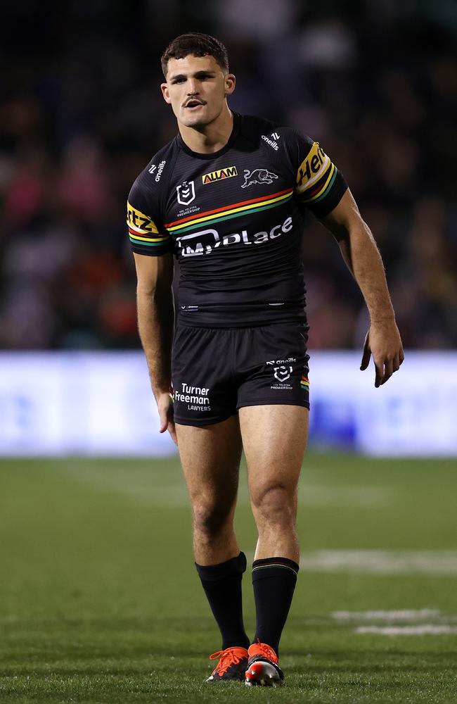 Nathan Cleary clutches at his hamstring as he leaves the field. Picture: Getty Images