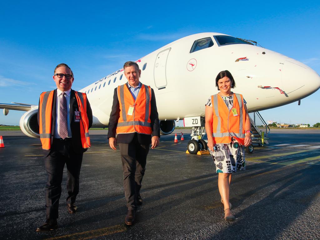 Qantas CEO Alan Joyce, former NT chief minister Michael Gunner and Chief Minister Natasha Fyles ahead of an announcement of new routes out of Darwin. Picture: Glen Campbell