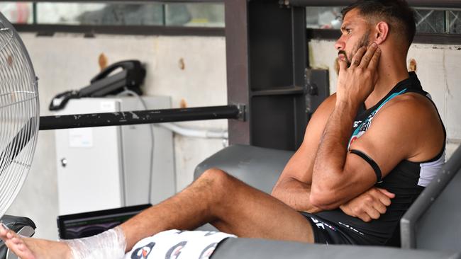 Paddy Ryder rests his achilles during the 2018 season. Picture: David Mariuz (AAP).