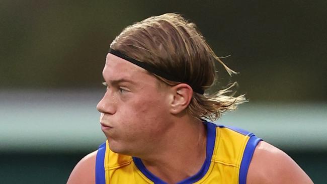 PERTH, AUSTRALIA - FEBRUARY 24: Harley Reid of the Eagles in action during an AFL practice match between West Coast Eagles and Fremantle Dockers at Mineral Resources Park on February 24, 2024 in Perth, Australia. (Photo by Will Russell/Getty Images)