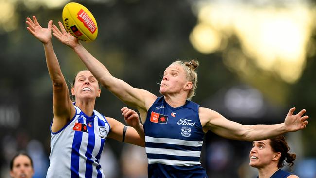 Geelong’s Kate Darby (right) competes in the ruck with Kangaroos’ Kim Rennie. Picture: Josh Chadwick/AFL Photos/via Getty Images