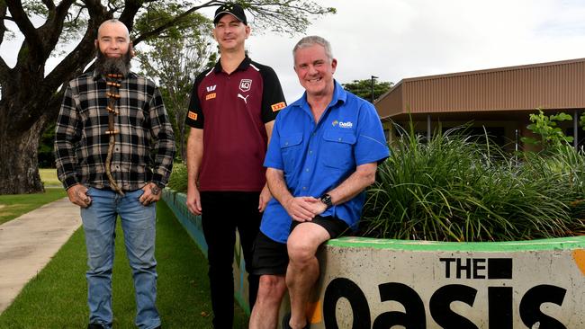 The Oasis Townsville chair Lieutenant General John Caligari (right) with Veterans Stuart Wyle and Steve Pitt. Picture: Evan Morgan