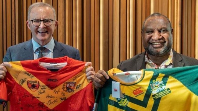 Anthony Albanese and PNG Prime Minister James Marape are both NRL fans. Picture: PMO