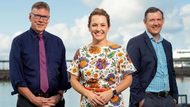 Territory Alliance leader Terry Mills, Opposition Leader Lia Finocchiaro and Chief Minister Michael Gunner ahead of the 2020 NT election. Picture: Che Chorley