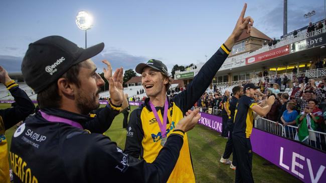 Sunshine Coast's Nick Selman celebrates winning the Royal London Cup with Welsh club Glamorgan.