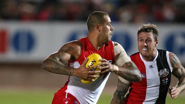 Now a Saint, Tim Membrey pursues Lance Franklin during a pre-season fixture.