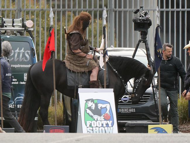 Eddie McGuire on a horse during filming of what appears to be a scene with a Braveheart theme. Picture: Kylie Else