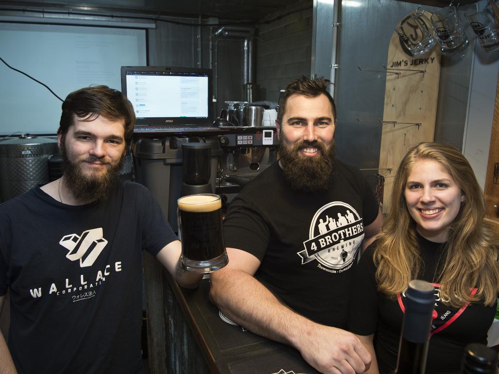 Jacob Gordon (left) was one of the first to pledge support to 4 Brothers Brewings' Brother From Another Mother equity crowdfunding campaign, pictured celebrating with founder Adrian Cubit and Brittany Menzies, Friday, November 1, 2019. Picture: Kevin Farmer