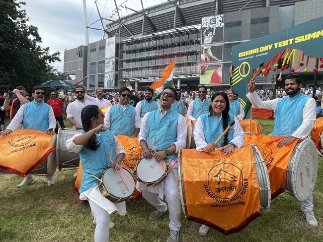 The Janagarjana Dhol Pathak group made plenty of noise outside the MCG. Picture: Himangi Singh