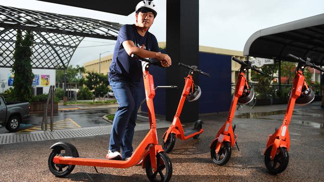 Neuron Mobility chief executive Zachary Wang introduced the orange e-scooters to Darwin in 2020. Picture: Che Chorley.