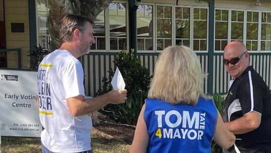 Pre-poll in the 2024 Gold Coast City Council election. On the left, hinterland-based councillor Glenn Tozer at Mudgeeraba.