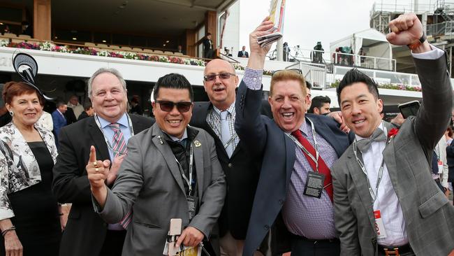 Big step up: Connections of Dollar for Dollar celebrate after he won the Lavazza Short Black at Flemington in 2017.