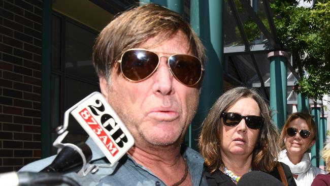 Ms Welsh’s son-in-law Graham Greene and her daughters after an unsuccessful bail application by Hanny Papanicolaou in 2019. Picture: Tracey Nearmy/Daily Telegraph