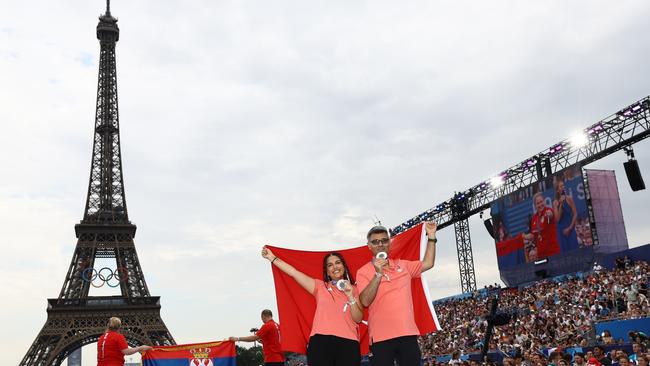 Silver Medalists Sevval Ilayda Tarhan and Yusuf Dikec pose for a photo at Champions Park on day three of the Olympic Games. Picture: Getty