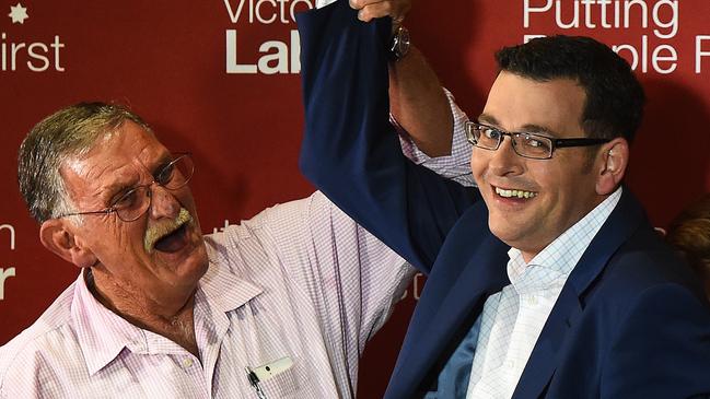 Dan Andrews with his late father Bob after election victory. Picture: Jake Nowakowski