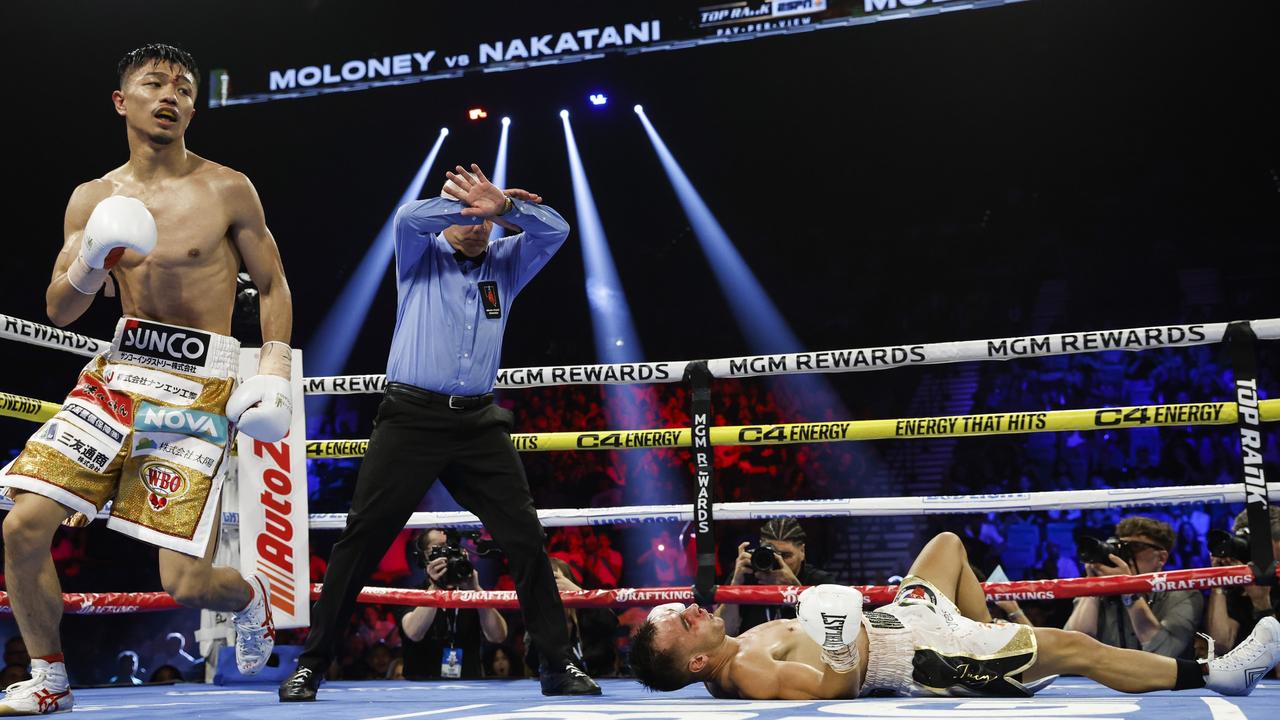 Andrew Moloney of Australia is TKO'd by Junto Nakatani of Japan during their junior bantamweight bout at MGM Grand Garden Arena on May 20, 2023 in Las Vegas, Nevada. (Photo by Sarah Stier/Getty Images)