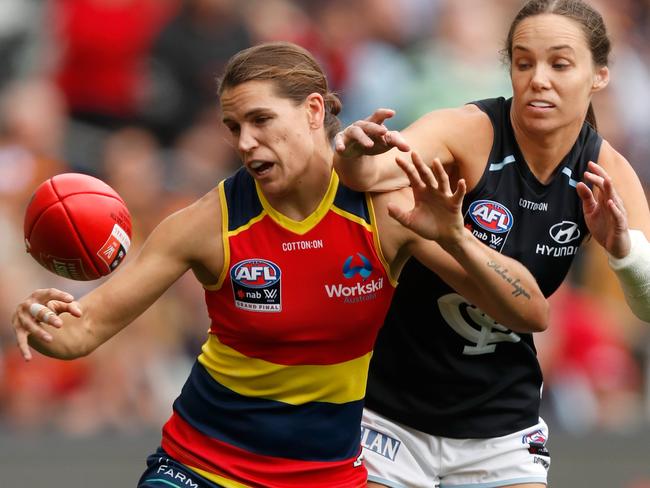 Crows co-captain Chelsea Randall competes for the ball against Carlton’s Brooke Walker during the 2019 AFLW grand final. Picture: Michael Willson/AFL Photos