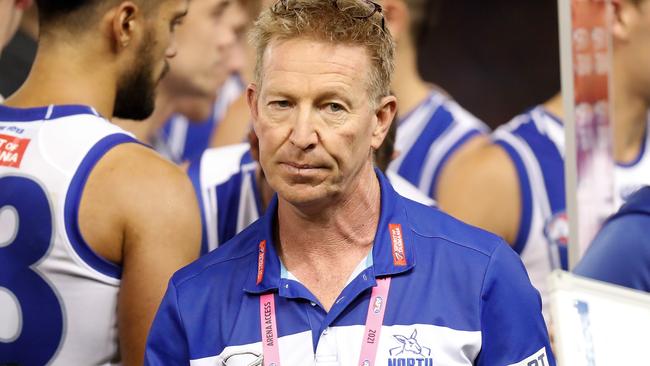 MELBOURNE, AUSTRALIA - MAY 23: Senior coach David Noble of the Kangaroos looks on during the 2021 AFL Round 10 match between the Essendon Bombers and the North Melbourne Kangaroos at Marvel Stadium on May 23, 2021 in Melbourne, Australia. (Photo by Michael Willson/AFL Photos via Getty Images)