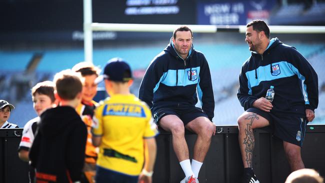 The Blues captain speaks with Andrew Fifita ahead of Games Three training at ANZ Stadium. Picture: Phil Hillyard