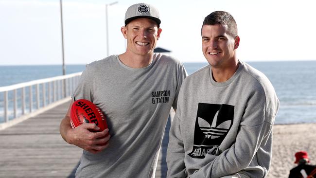 Sam Jacobs and Tom Rockliff at Grange. Picture: Calum Robertson.