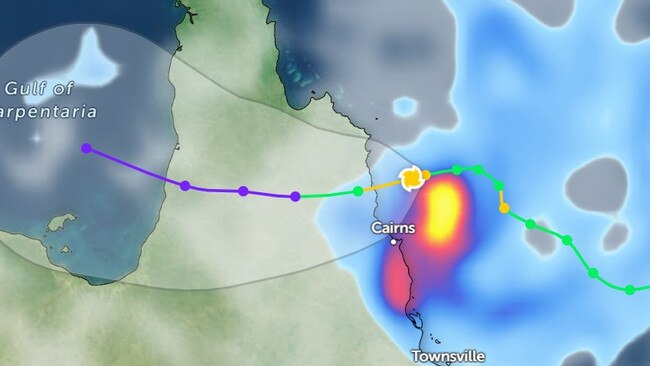 Cyclone Jasper remains a category 2 storm about 100km northeast of Port Douglas. Picture: Zoom Weather