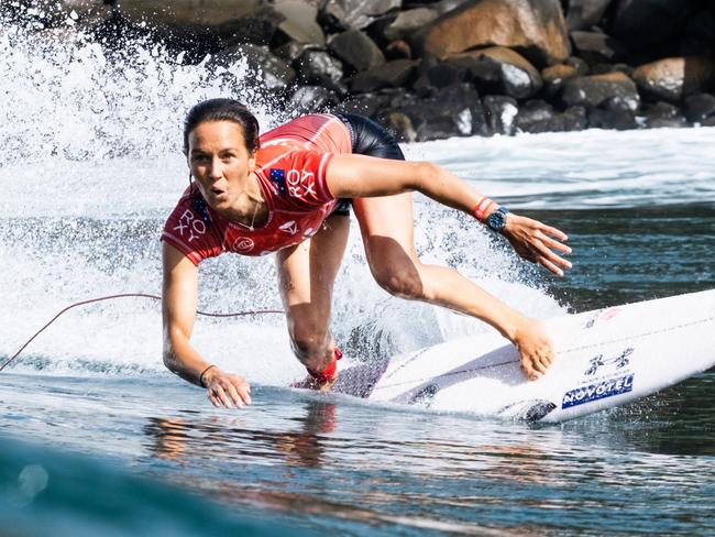 KAPALUA, HI - DECEMBER 4: Sally Fitzgibbons of Australia winning Heat 1 of Round 2 of the Maui Pro presented by ROXY at Honolua Bay on December 4, 2020 in Kapalua, Hawaii. (Photo by Keoki Saguibo/World Surf League via Getty Images)