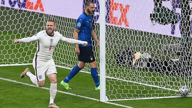 England's Luke Shaw celebrates after scoring the first goal during the UEFA EURO 2020 final. Picture: AFP