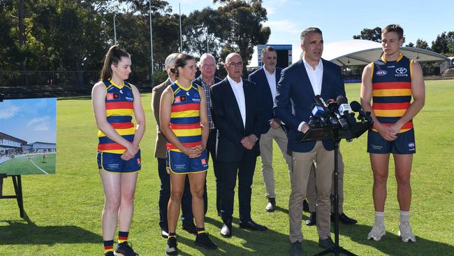 Crows players and officials alongside Premier Peter Malinauskas at a Thebarton funding announcement last year. Picture: Keryn Stevens