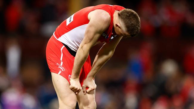 SYDNEY, AUSTRALIA - JULY 28: Chad Warner of the Swans looks dejected after a loss during the 2024 AFL Round 20 match between the Sydney Swans and the Western Bulldogs at The Sydney Cricket Ground on July 28, 2024 in Sydney, Australia. (Photo by Michael Willson/AFL Photos via Getty Images)