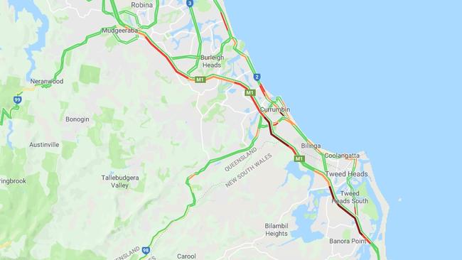 Traffic woes on the M1 on the Gold Coast after Splendour in the Grass. Picture: Google Maps